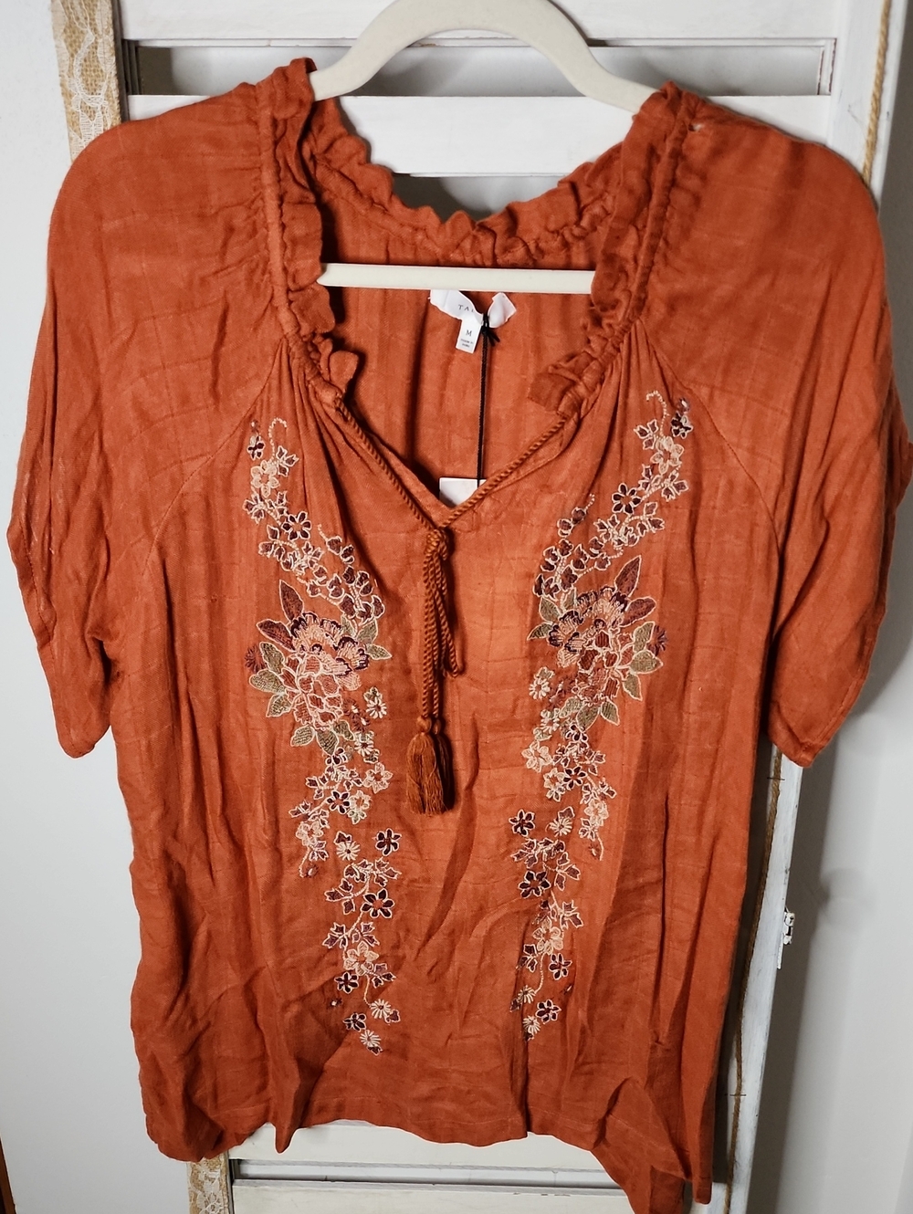 Embroidered Tie-Neck Peasant Tunic - Rust